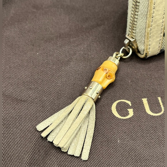 GUCCI Diamante Zip Wallet Leather Canvas Bamboo Tassel Beige & Black w/ Dust Bag - Picture 4 of 15